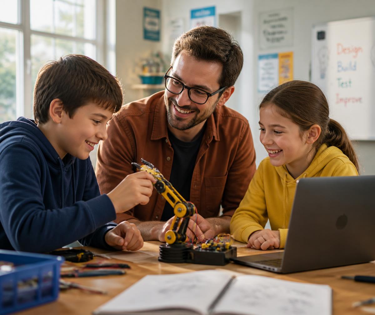 Instructor guiding two students through a robotics build